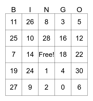 Numeros Uno-Treinta  Bingo Card