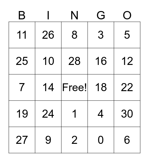 Numeros Uno-Treinta  Bingo Card