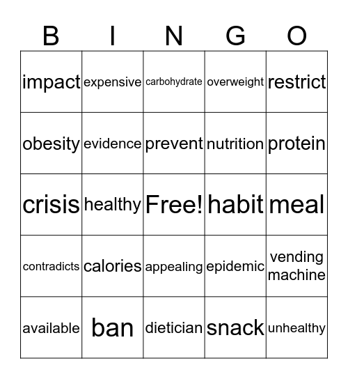 Junk Food at School Bingo Card