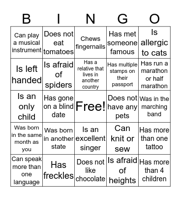 Getting To Know You Bingo Card