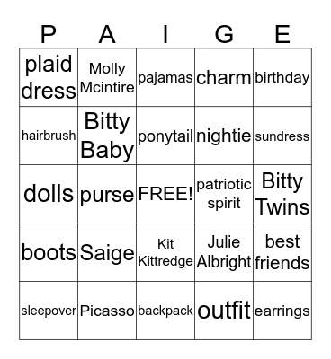 PAIGE"S BIRTHDAY Bingo Card