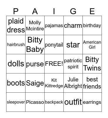 PAIGE"S BIRTHDAY Bingo Card