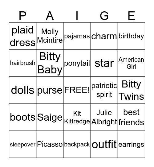 PAIGE"S BIRTHDAY Bingo Card