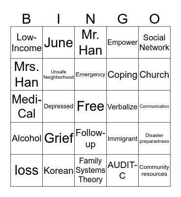 The Han Family Bingo Card