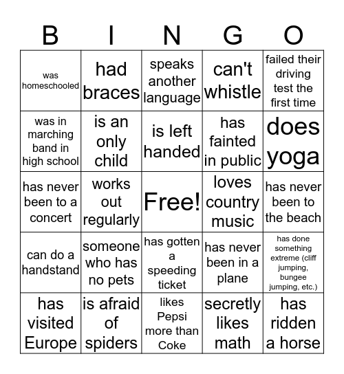 Get To Know Bingo Card