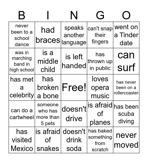 Get To Know Bingo Card