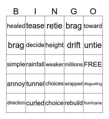 Grade 2 Unit 2 Vocab2 Bingo Card