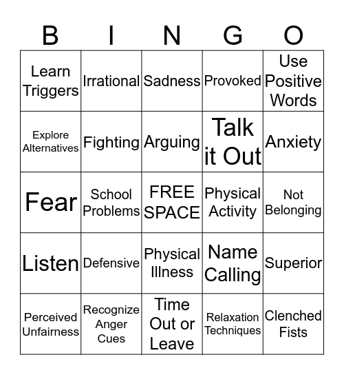 Anger BINGO Card