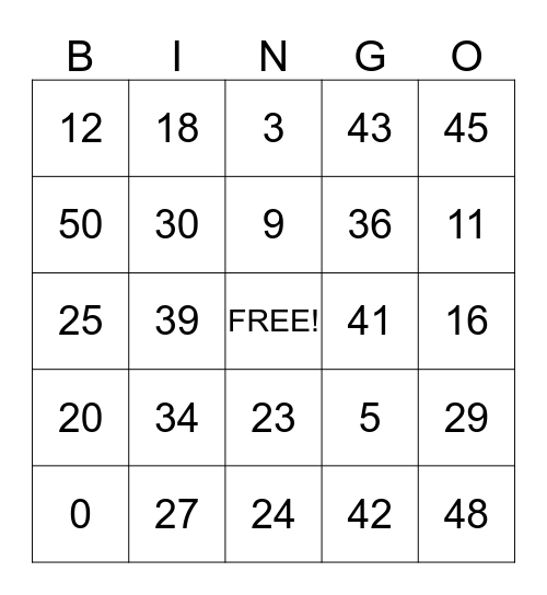 Numbers to 50 - 1st Trimester Bingo Card