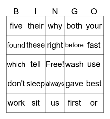 Sight Words Bingo Card