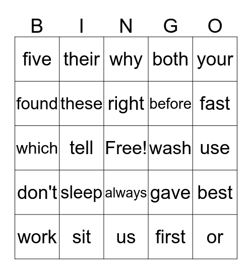 Sight Words Bingo Card