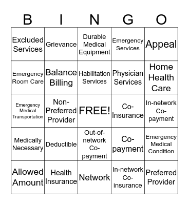 Health Coverage Terms  Bingo Card