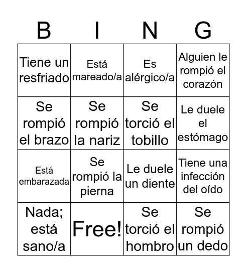 En la sala de emergencia Bingo Card