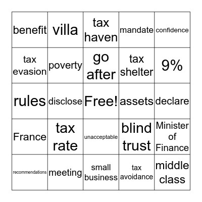 Question Period Bingo Card