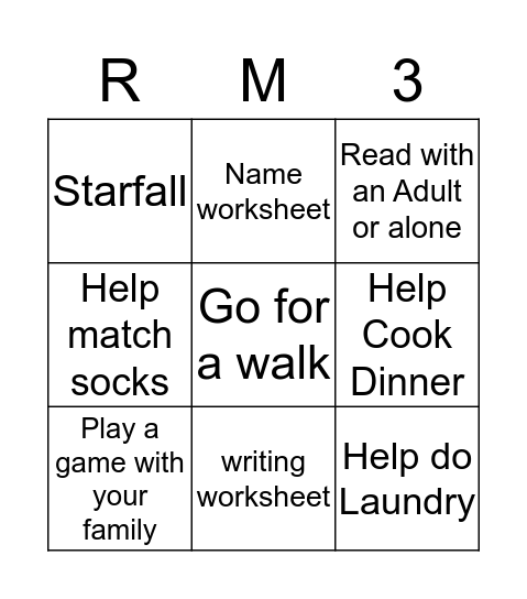 Weekly Homework Bingo Card