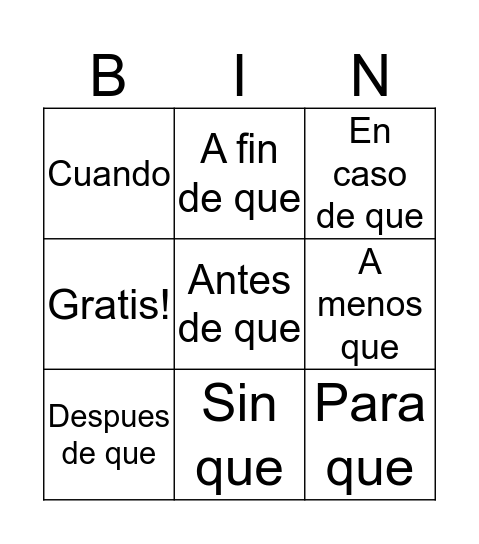 Adverbial Bingo Card