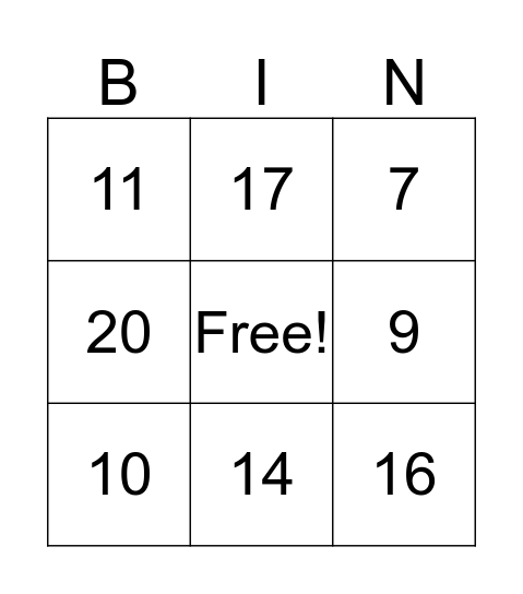 Number Bingo Card
