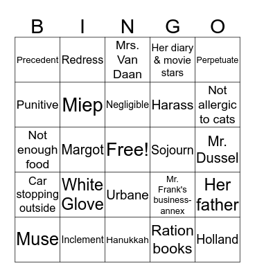 Anne Frank and Unit 3 11-20 Bingo Card