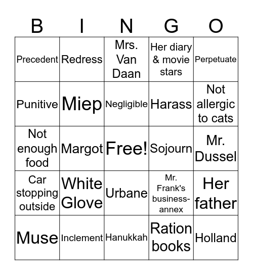 Anne Frank and Unit 3 11-20 Bingo Card
