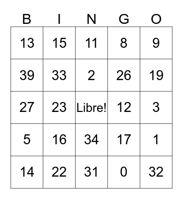 Numeros 0 à 39 Bingo Card