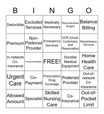 Health Coverage Terms  Bingo Card