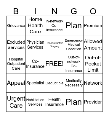 Health Coverage Terms  Bingo Card