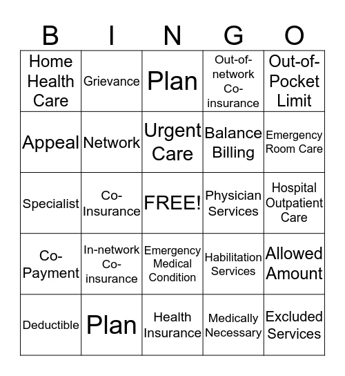 Health Coverage Terms  Bingo Card