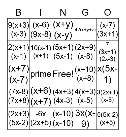 Polynomial Factoring Bingo Card