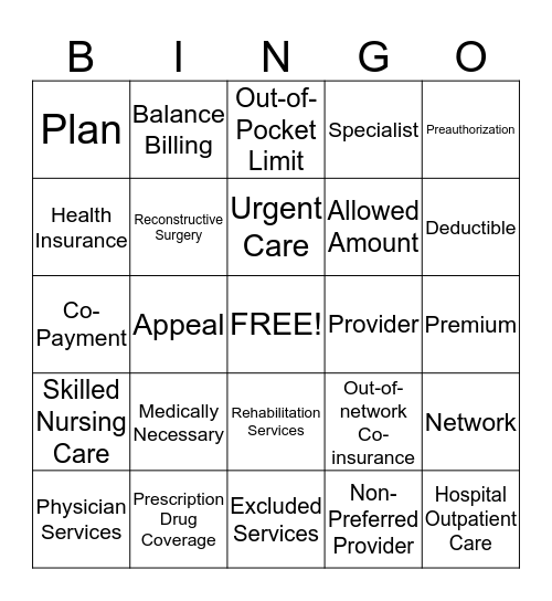 Health Coverage Terms  Bingo Card