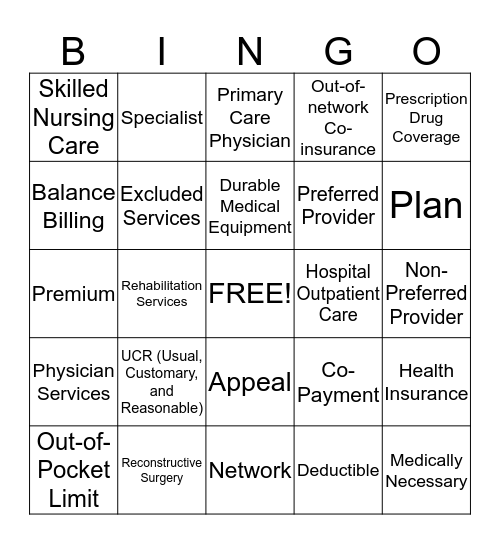 Health Coverage Terms  Bingo Card