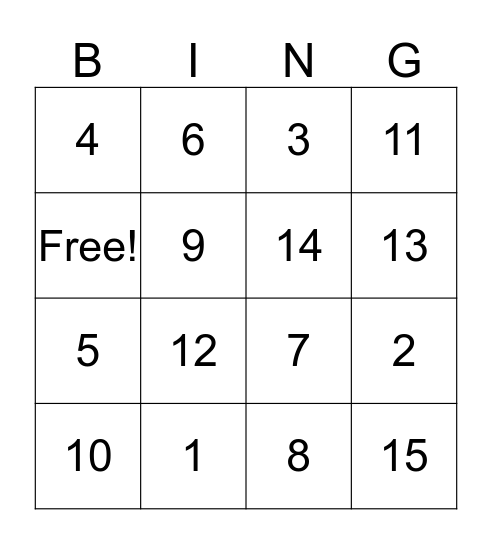 Number Bingo Card