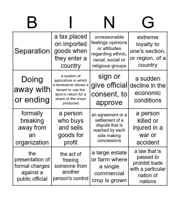 Unit 2 Vocabulary Bingo Card