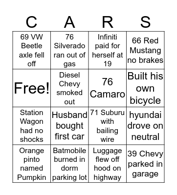 FIRST CARS  Bingo Card