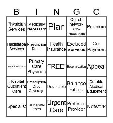 Health Coverage Terms  Bingo Card