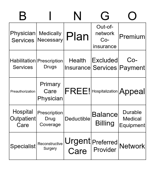 Health Coverage Terms  Bingo Card