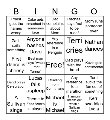 Sullivan Wedding Bingo Card