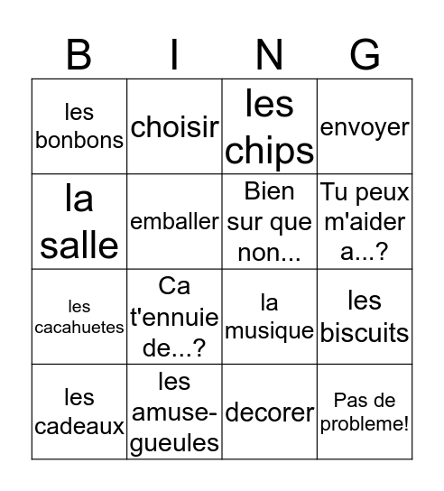 Francais 2, chapitre 2, Vocabulaire 2 Bingo Card