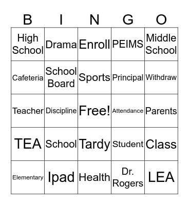 School Bingo Card