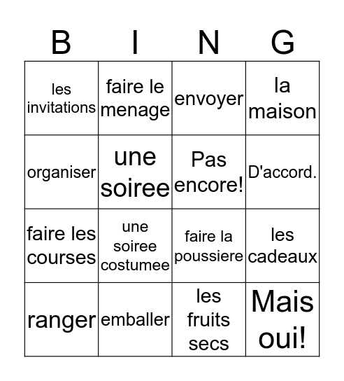 French 2, Chapter 2, Vocabulary 2 Bingo Card