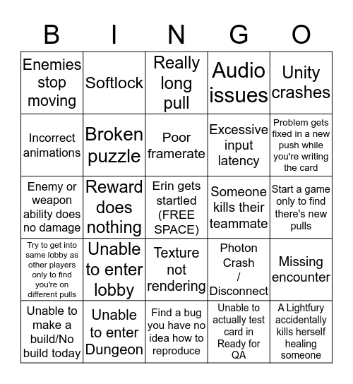 Bugtest Bingo Card