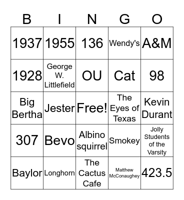Longhorn Bingo Card