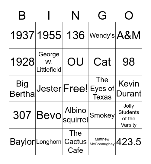 Longhorn Bingo Card