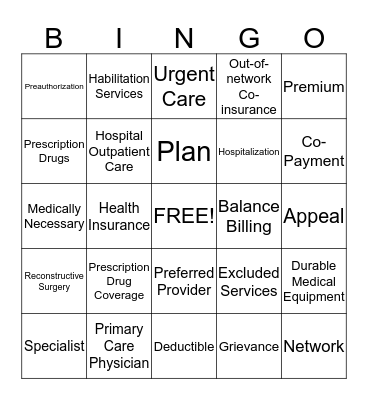 Health Coverage Terms  Bingo Card