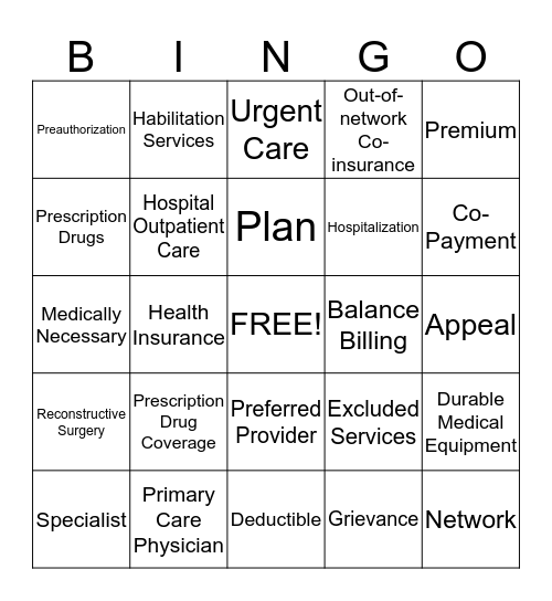 Health Coverage Terms  Bingo Card