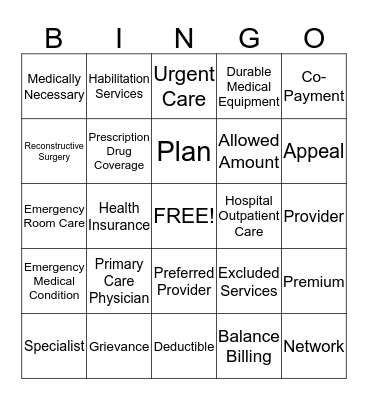 Health Coverage Terms  Bingo Card