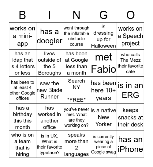 Find a Googler who... Bingo Card