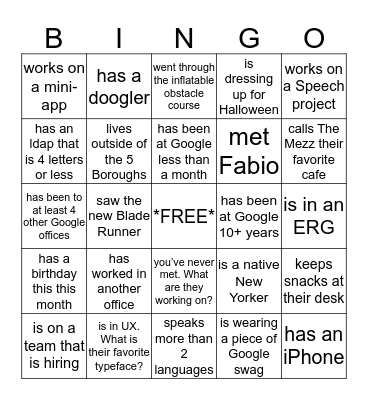 Find a Googler who... Bingo Card