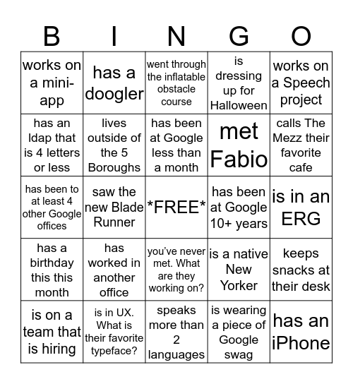 Find a Googler who... Bingo Card