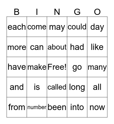 Sight Word Bingo Card