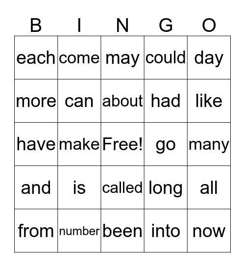 Sight Word Bingo Card